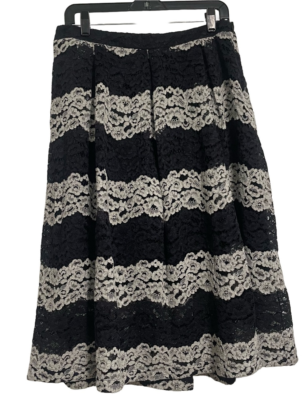 Who What Wear Black and Cream Lace A-Line Skirt with Striped Lace